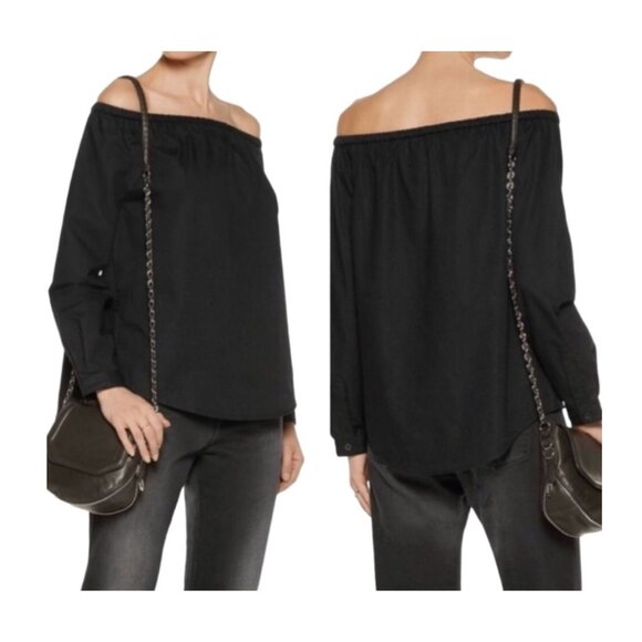 Rag & Bone Elastic Off Shoulder Puff Sleeve Side Button Cotton Blouse Black S - Picture 1 of 4